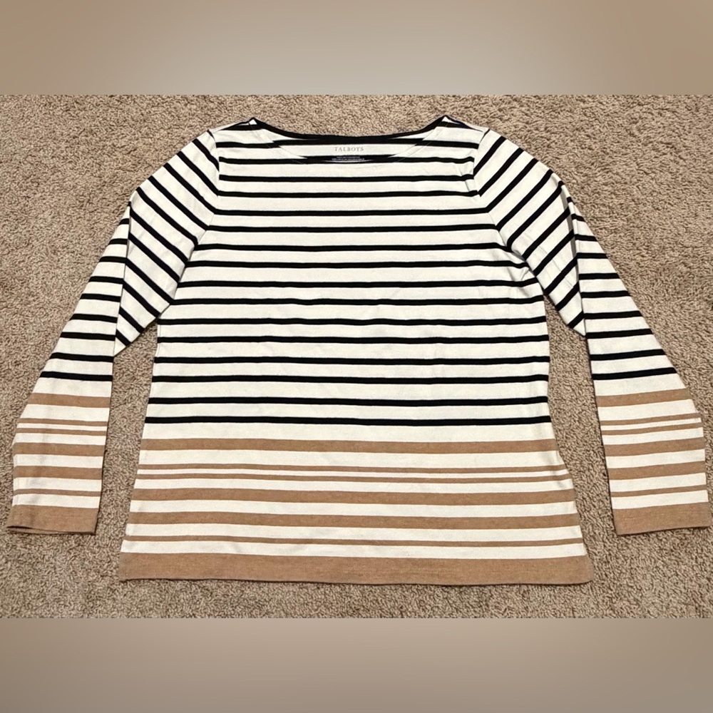 Talbots Long Sleeve Blouse Size Large White Black Tan Striped 100% Cotto